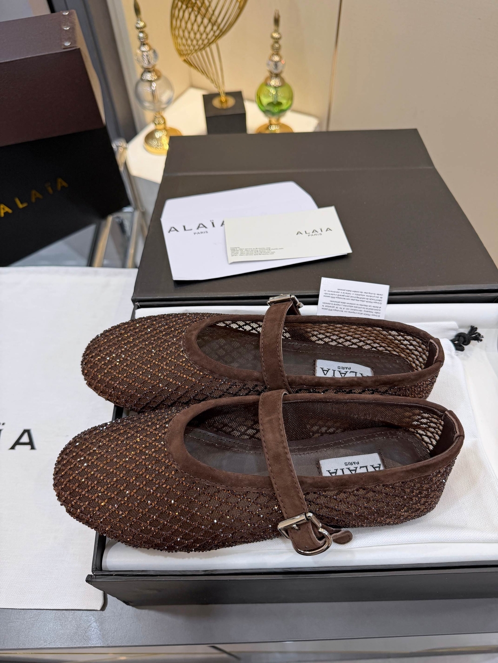 ALAÏA Dark Brown Rhinestone Ballet Flats - Picture 4 of 8